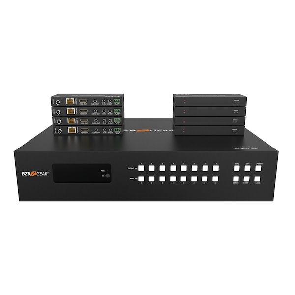 Bzbgear 8x8 4K UHD 18Gpbs HDMI and HDBaseT Matrix Switch with Bi-directional IR/Advance EDID and Downscaling BG-UM88-150L-KIT - main